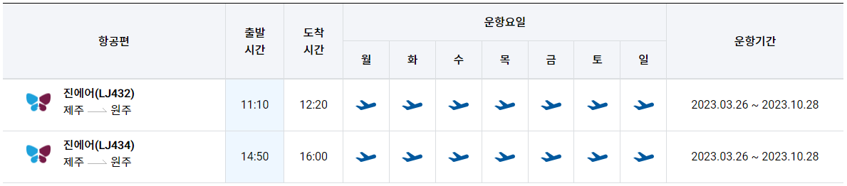 원주-제주도 비행기 진에어 항공 운항 시간표 원주공항 시내버스 대중교통 항공권 예약2