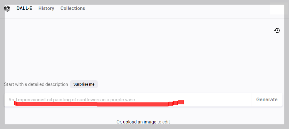 OpenAI dall-e-2 사이트 이미지 생성을 위한 검색어 넣는 화면