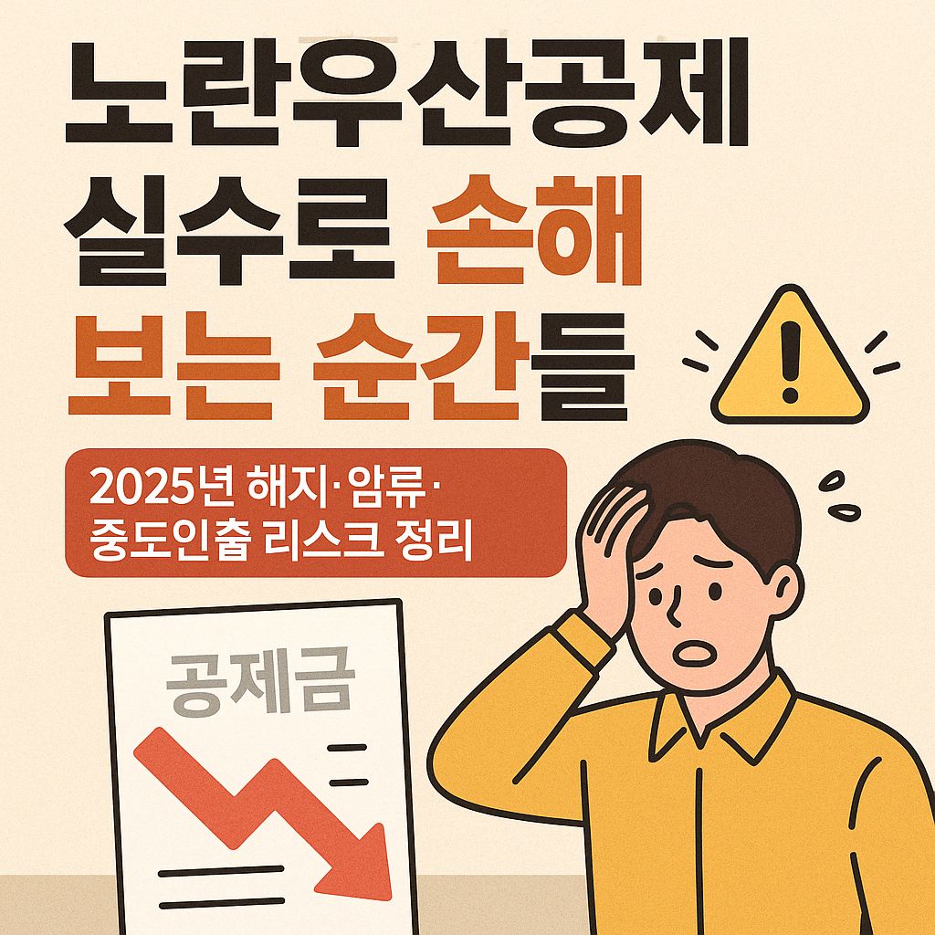 2025년 노란우산공제의 해지, 압류, 중도인출로 발생할 수 있는 손해 상황을 시각적으로 경고하는 감성 일러스트 썸네일로, 불안한 표정의 자영업자와 경고 아이콘, 공제금 손실 그래프가 포함된 정보 이미지