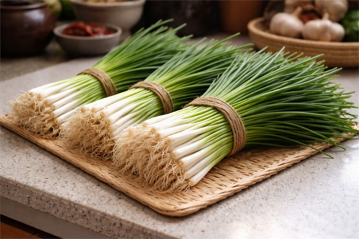 굵기와 색이 고른 신선한 쪽파를 가까이에서 보여 준 모습