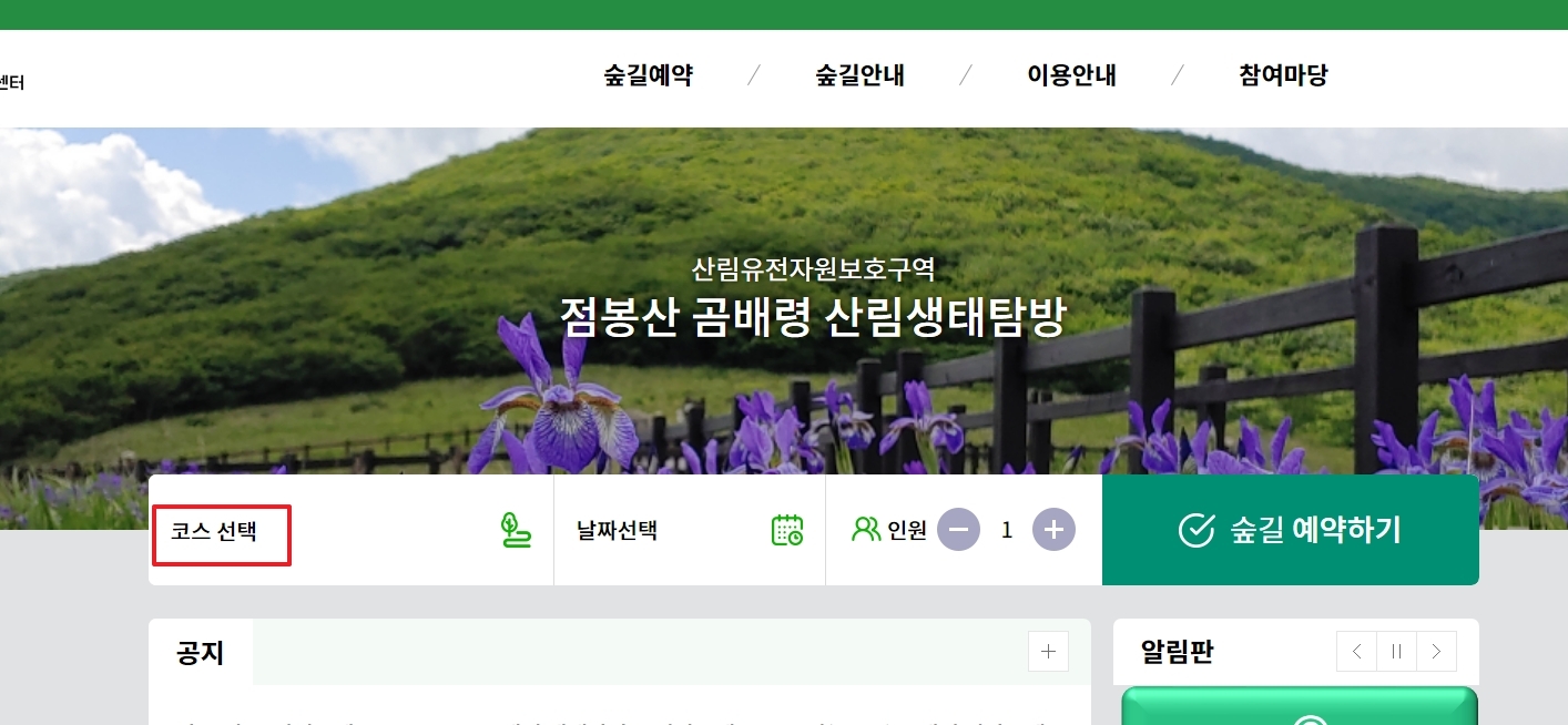 곰배령 탐방 코스 선택 화면