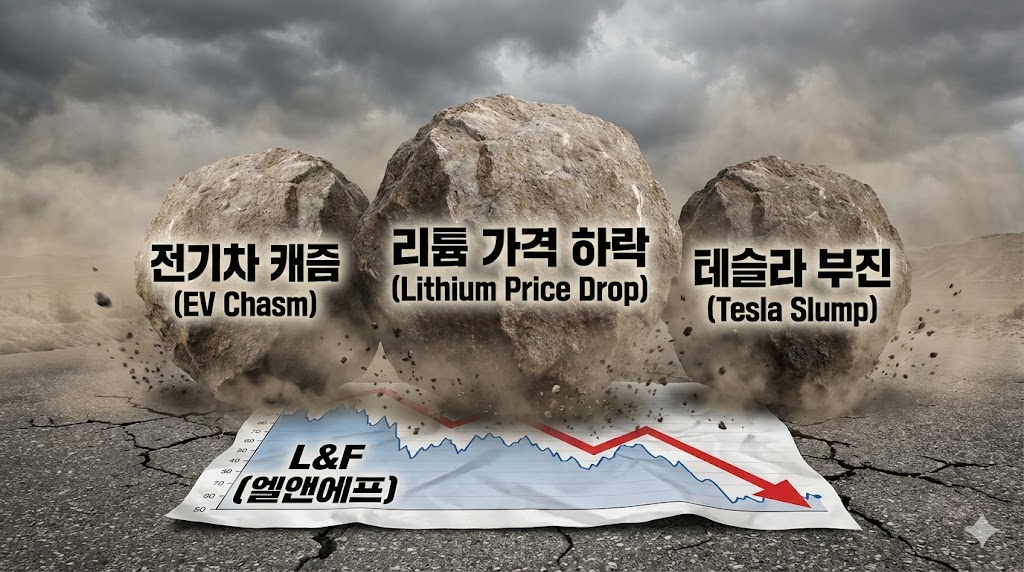'전기차 캐즘', '리튬 가격 하락', '테슬라 부진'이라는 3개의 무거운 돌덩이가 엘앤에프 주가를 누르고 있는 이미지