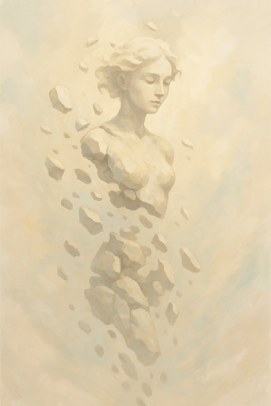 부유하는 파편으로 형성되는 조각상을 상징한 이미지