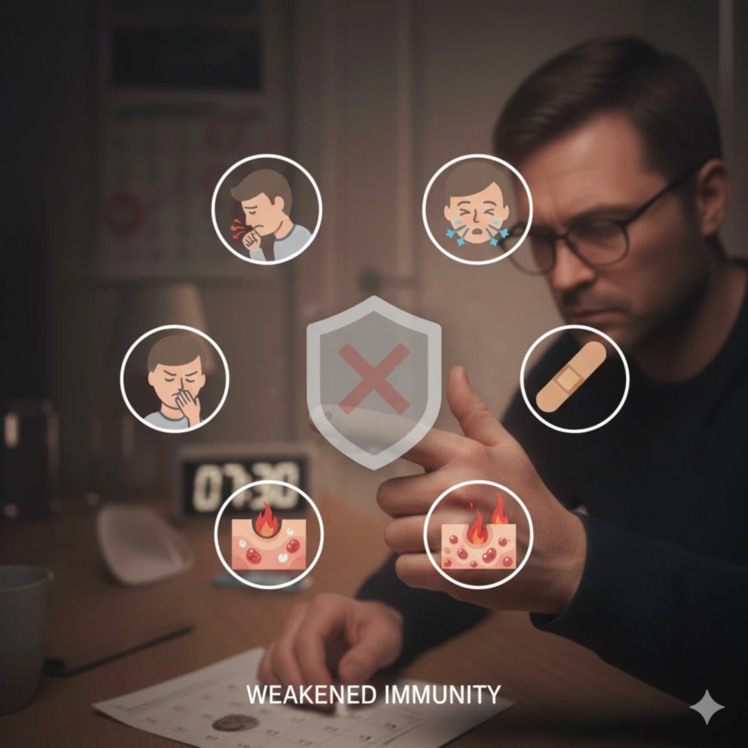 콜록거리는 사람의 모습이나 잦은 재채기&amp;#44; 혹은 피부에 생긴 작은 종기나 염증을 상징하는 아이콘들이 한데 모여 있는 인포그래픽 스타일의 이미지입니다. 면역력 저하를 암시하는 흐린 방패 모양의 아이콘이 함께 보입니다.