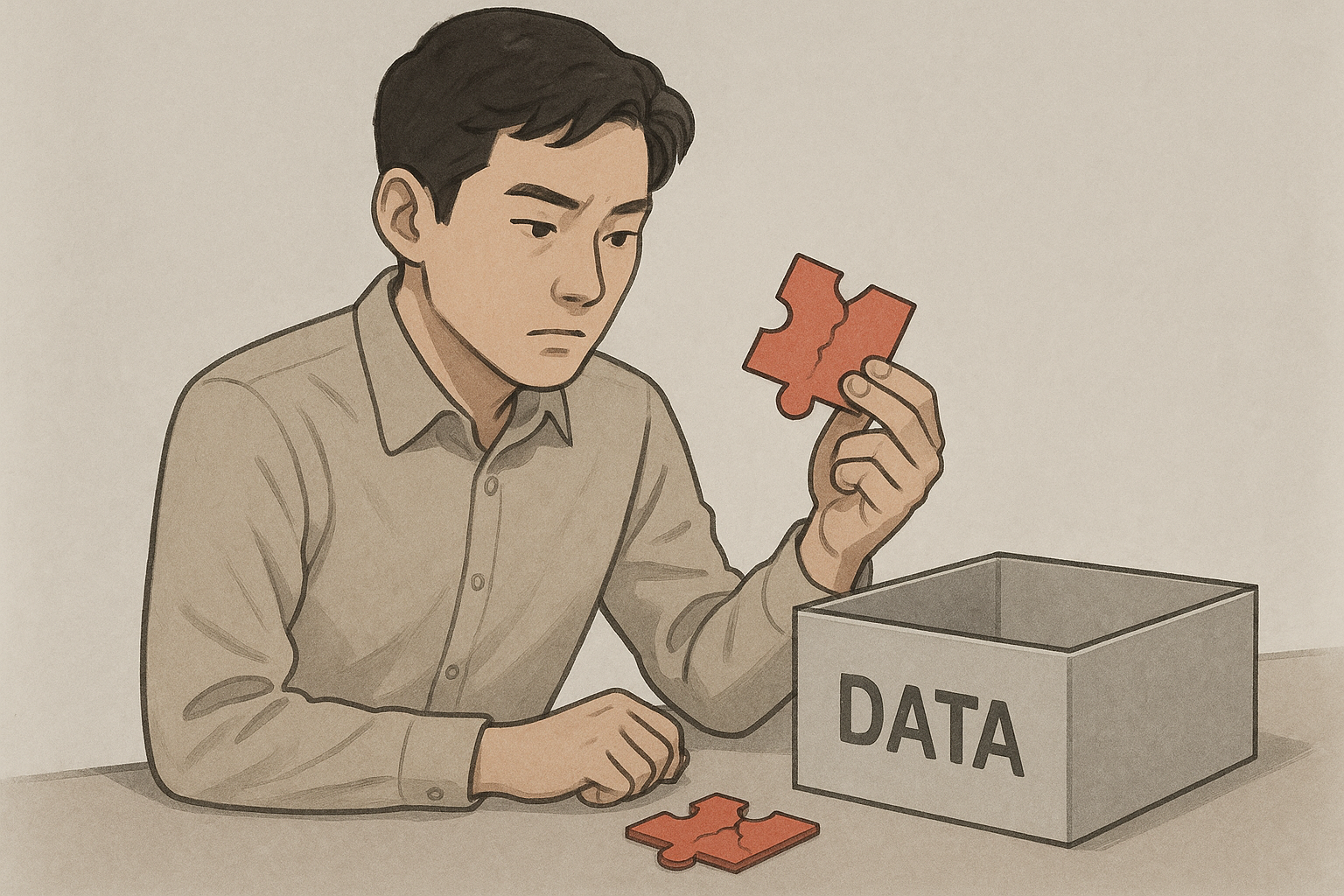 금이 간 퍼즐 조각을 데이터 박스에 넣으려는 사람 일러스트