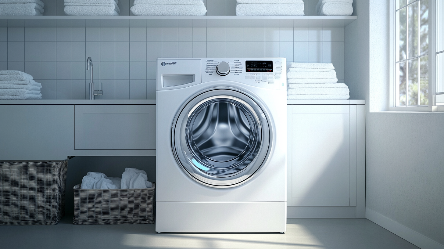 밝고 정돈된 세탁실에 있는 WF2522HDBBA 세탁기 및 건조기 콤보의 전경