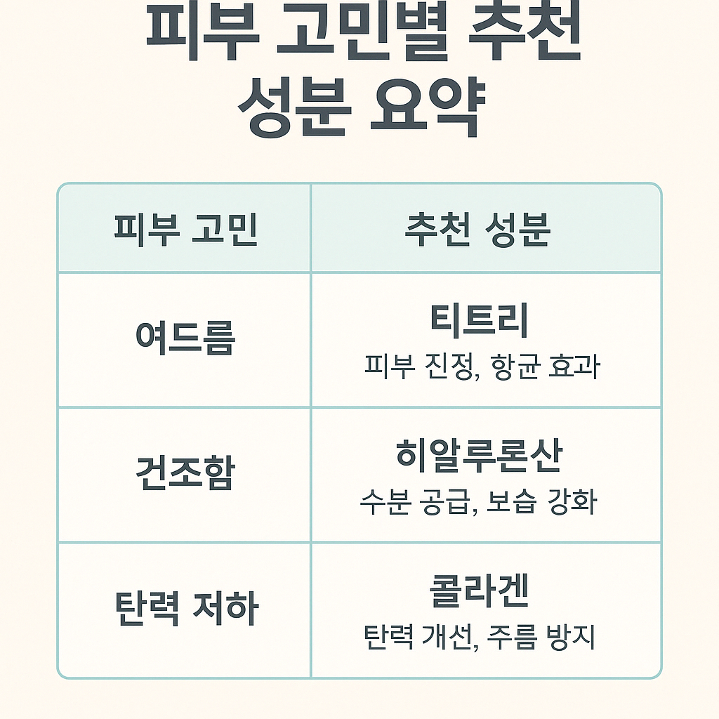 추천 성분/문제별 대응표 요약