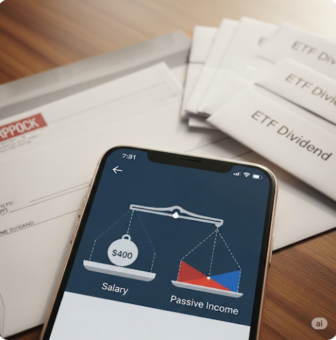 잔액이 찍힌 스마트폰 화면이 보이고, 그 뒤로 월급봉투와 여러 개의 ETF 배당금 봉투가 놓여있다. '월급 외 수입'과 '패시브 인컴'의 중요성을 시각적으로 표현