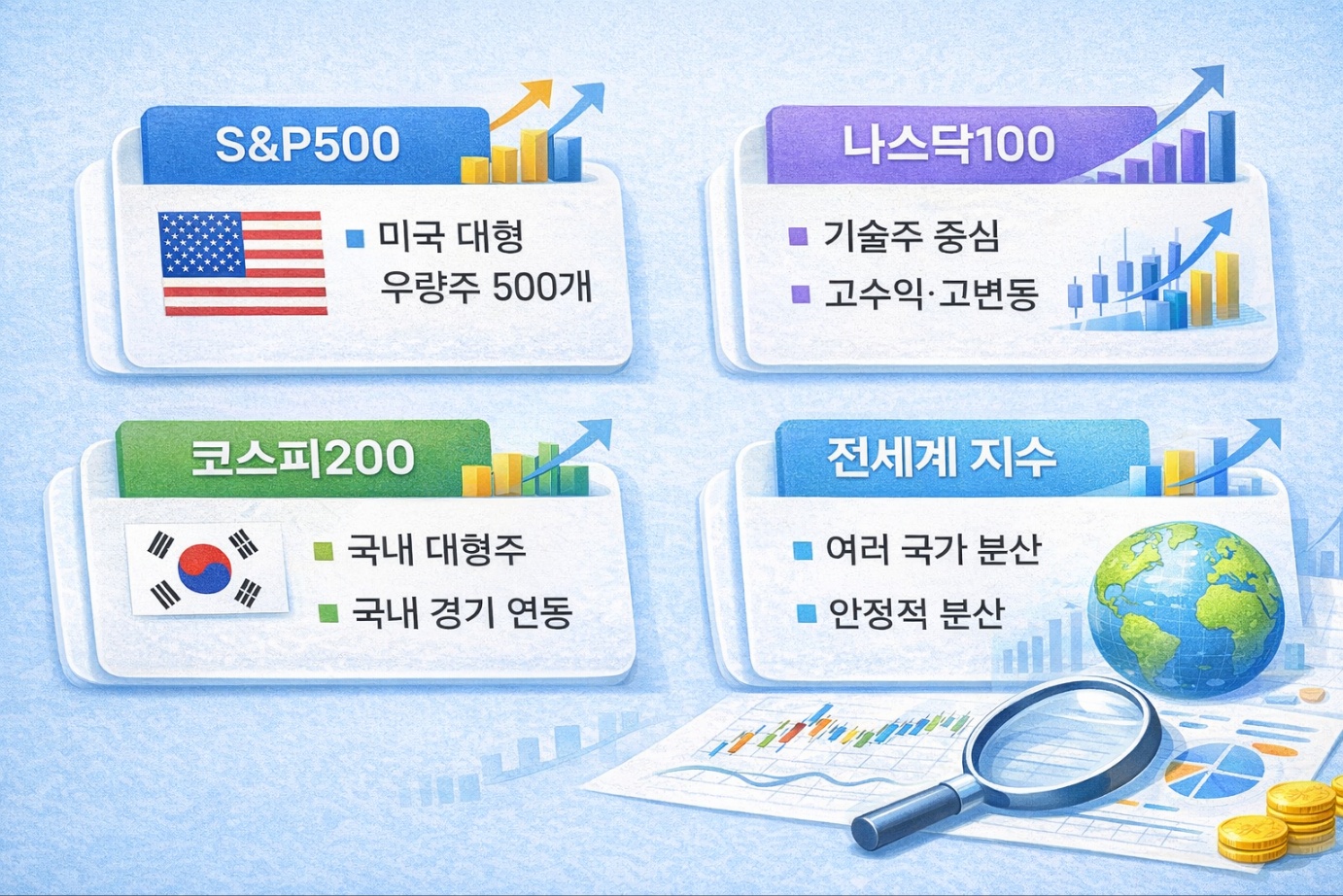 S&P500, 나스닥100, 코스피200, 전세계 지수 등 대표적인 ETF 추종 지수 유형을 비교한 인포그래픽으로, 각 지수의 특징과 투자 성격을 국가 아이콘과 상승 그래프로 설명한 자산 분산 투자 안내 이미지