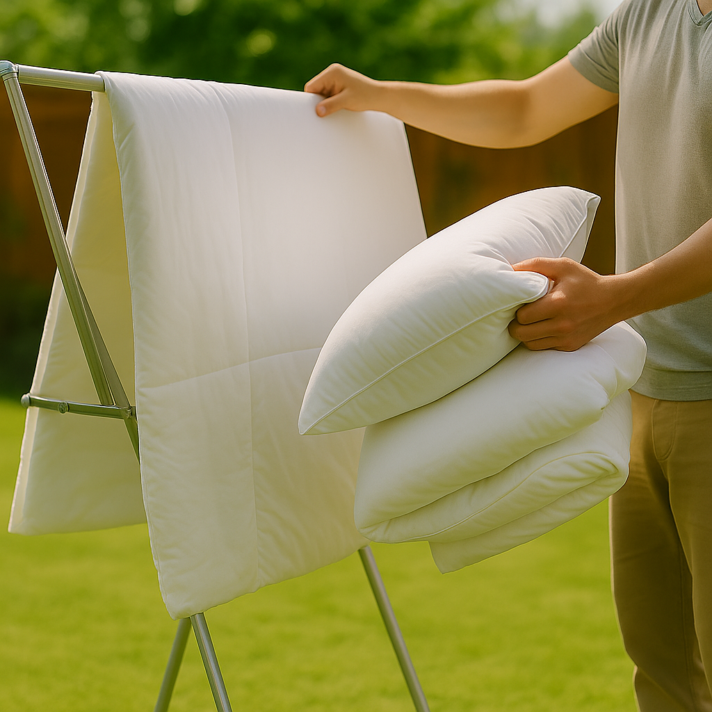 사람이 잔디밭에서 이불을 널고 베개를 들고 있는 야외 침구 건조 장면