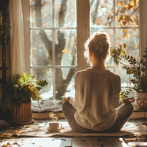 아침 햇살 아래 스트레칭하며 하루를 시작하는 평온한 장면