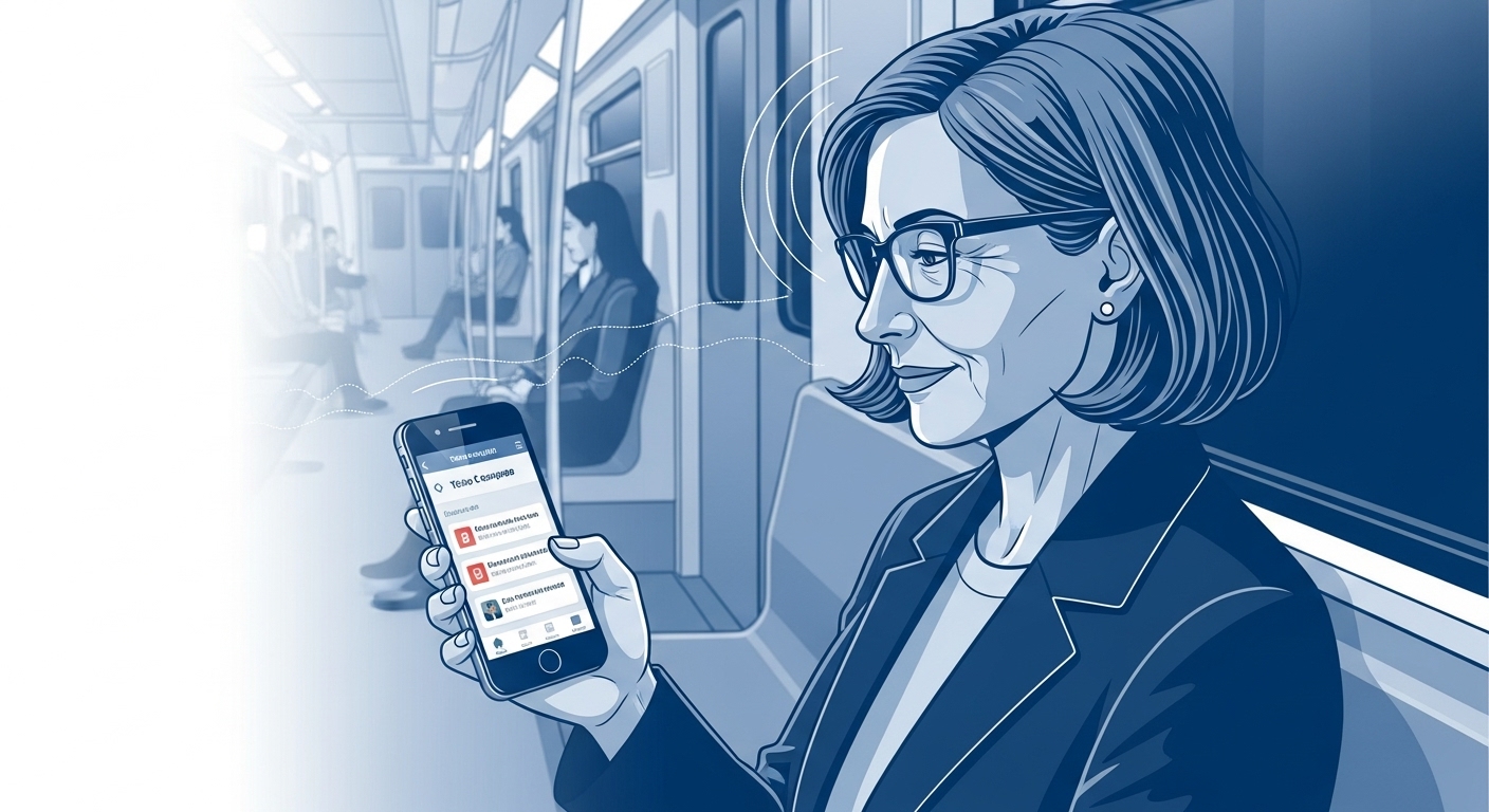 지하철에서 스마트폰 앱으로 짧은 외국어 학습을 하는 중년 여성. 마이크로러닝을 통해 일상 속 자투리 시간을 활용하는 모습을 보여줍니다.