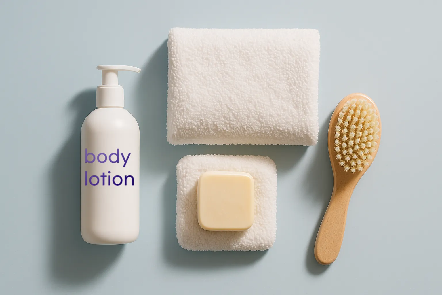 "때를 민 후 피부 보습과 관리에 사용하는 바디로션과 부드러운 바디 브러쉬"