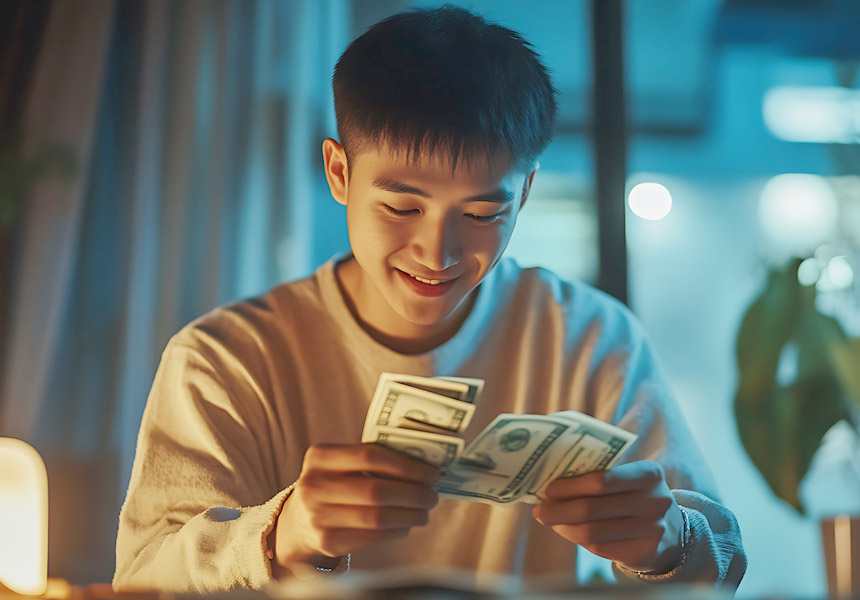 연휴 지출과 보너스를 손에 쥔 직장인, 소비와 투자 고민을 상징하는 모습