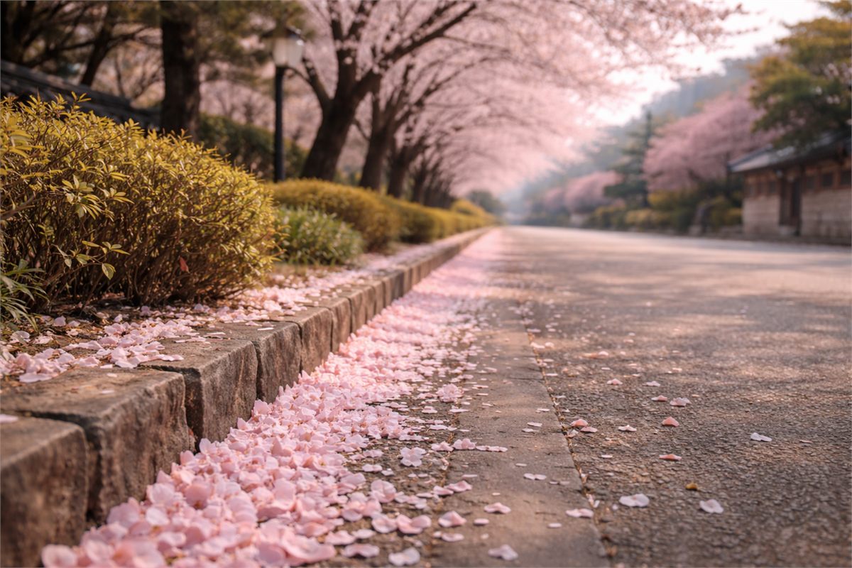 봄바람이 지나간 뒤 보도 가장자리에 꽃잎이 모인 벚꽃길 