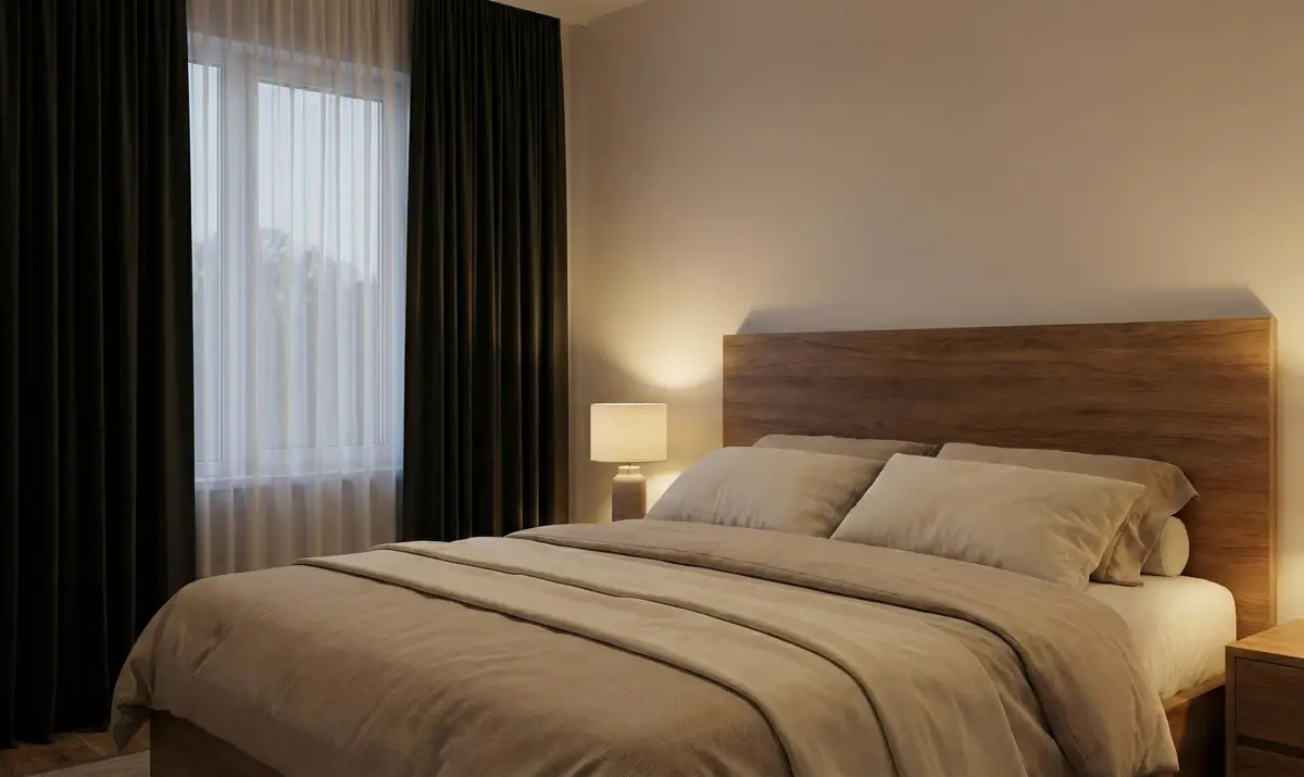 검은 커튼과 침대가 있는 아늑한 침실 인테리어