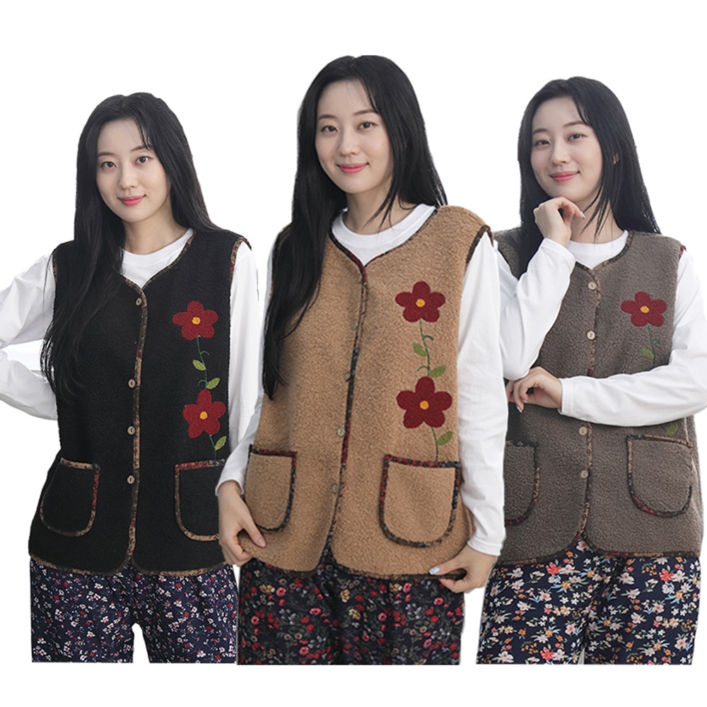 빈티지 플라워 오픈 양털 조끼 꽃 자수 뽀글이 간절기 가을 겨울 엄마 조끼 할머니 조끼