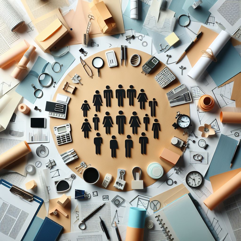 사람들 실루엣과 사무용품들