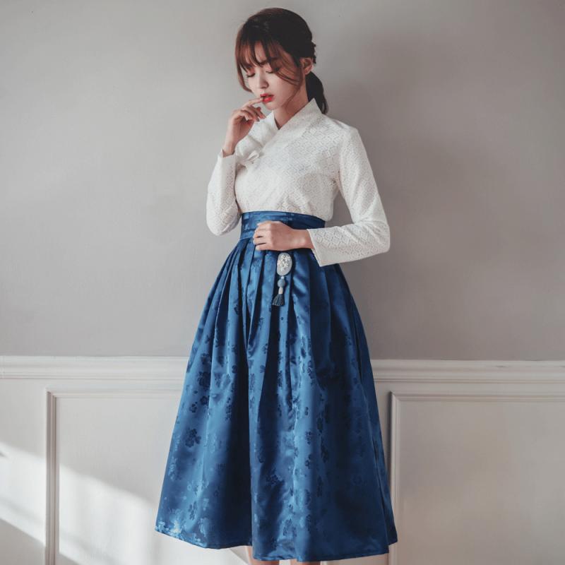 겨울생활한복 허리치마 양단 블루 수설화