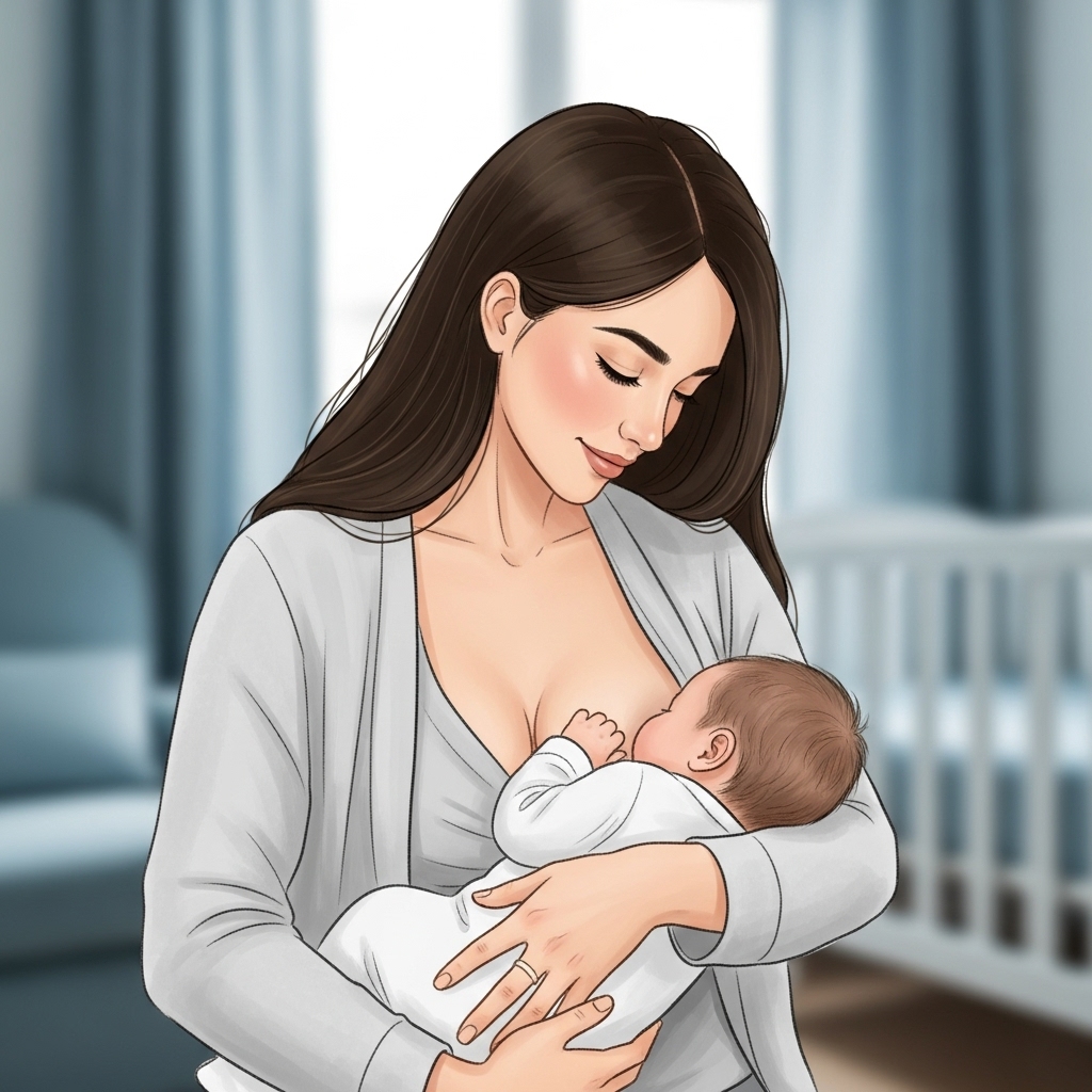 사랑스러운 아기에게 모유수유를 하고 있는 엄마의 평화로운 모습. 모유수유를 통해 교감하는 엄마와 아기의 유대감을 보여줍니다.