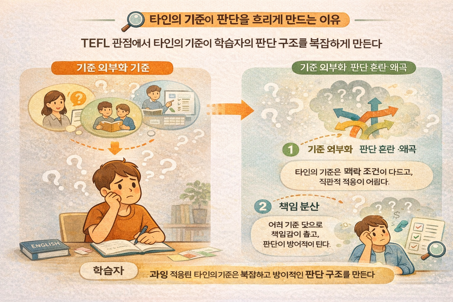 자기판단, 학습기준, 영어학습혼란, 타인의기준, TEFL관점, 학습비교, 판단피로, 학습자율성, 언어학습구조