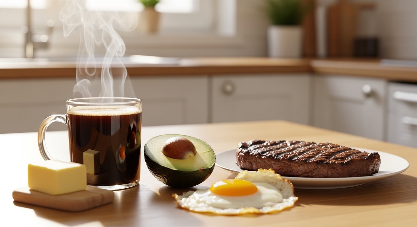 방탄커피와 스테이크, 계란, 아보카도가 있는 저탄고지 식단 이미지