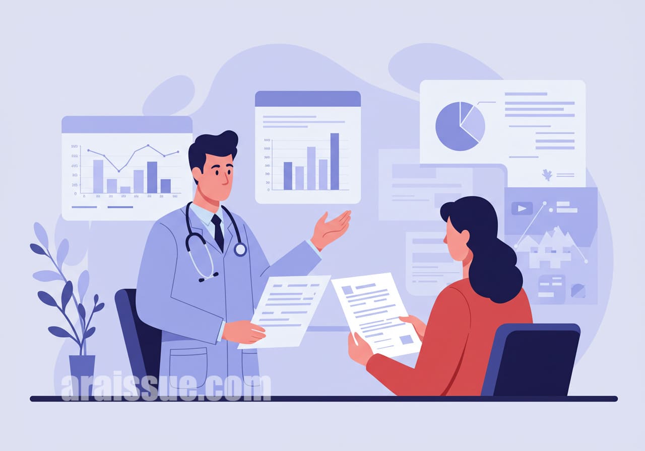 건강보험 혜택에 대해 설명하는 의료 전문가와 환자. 현대적인 병원 사무실에서 약값 절감을 위한 상담을 진행하는 장면.