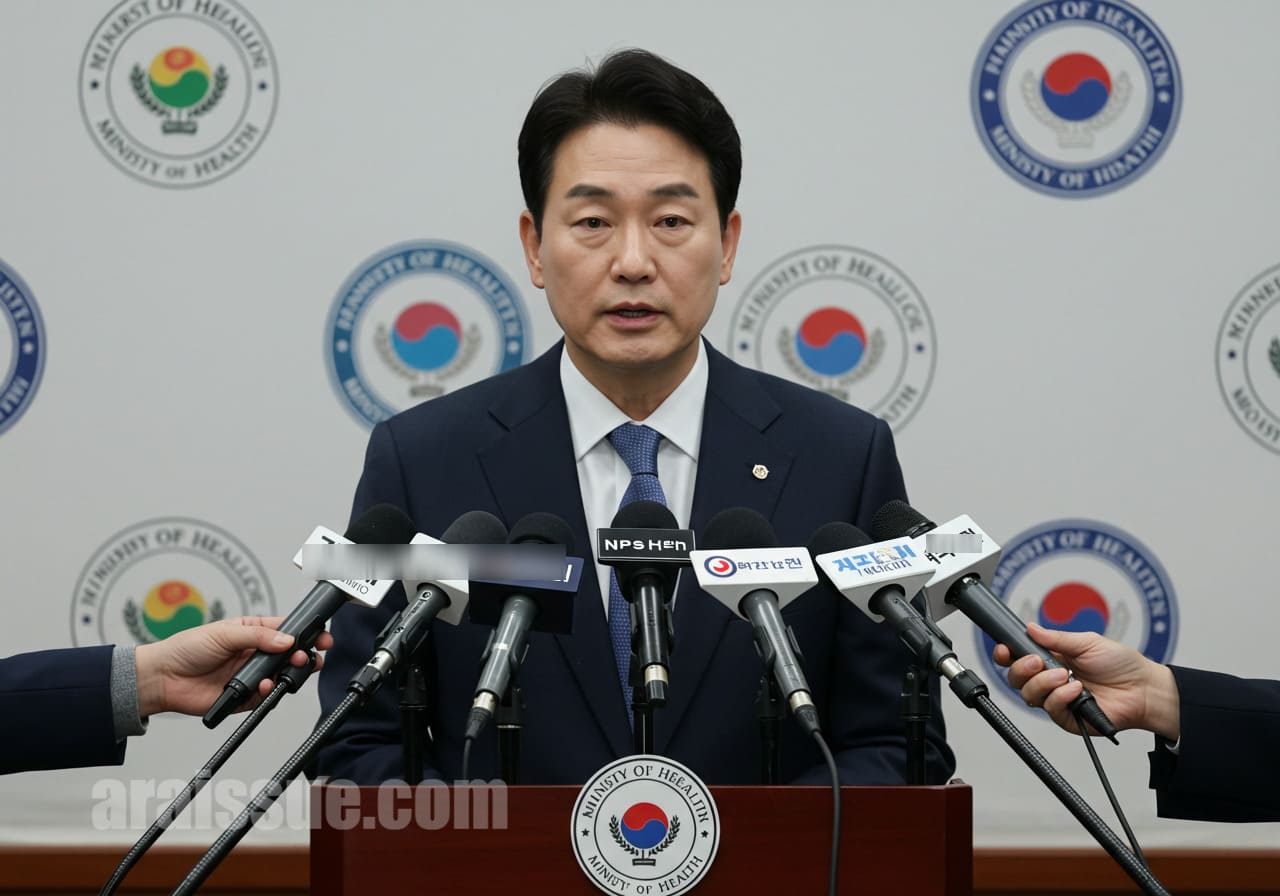 정부 기자회견장에서 관계자가 임플란트 정책과 관련한 입장을 발표하고 있습니다.
테이블 위에는 마이크가 설치돼 있고, 보건 관련 배경 화면이 보입니다.