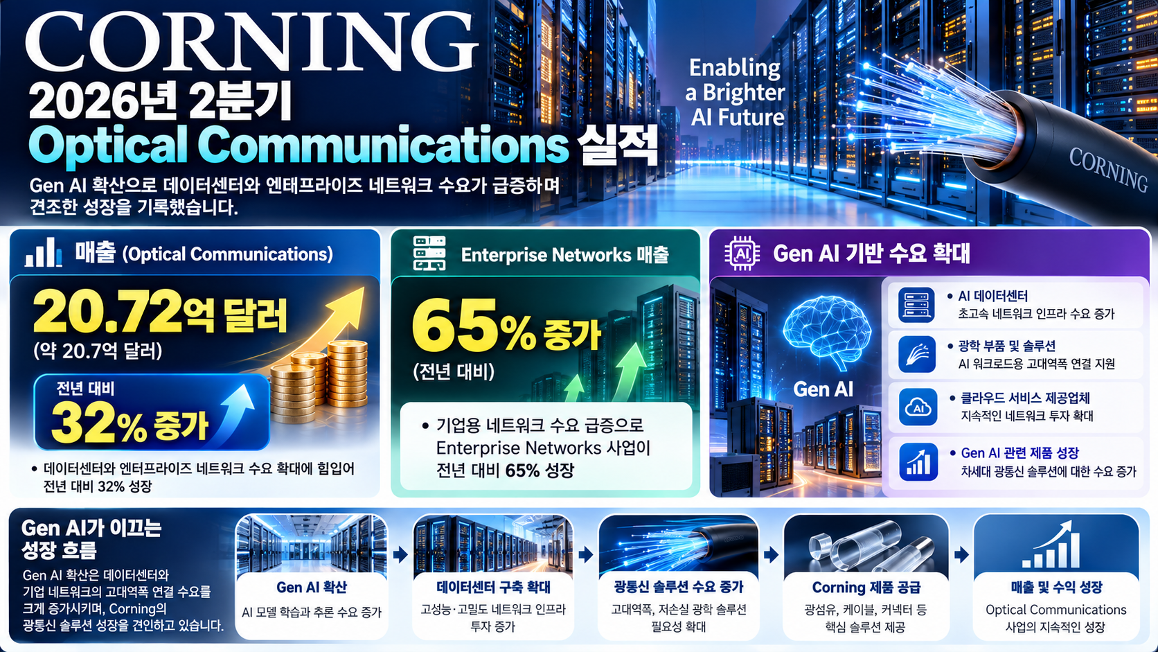 코닝 2026년 2분기 광통신 매출과 AI 데이터센터 성장