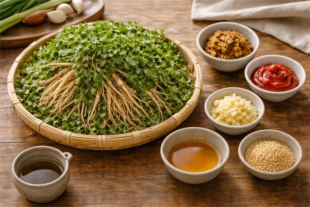 냉이무침에 들어갈 양념 재료를 한자리에 정리한 장면 