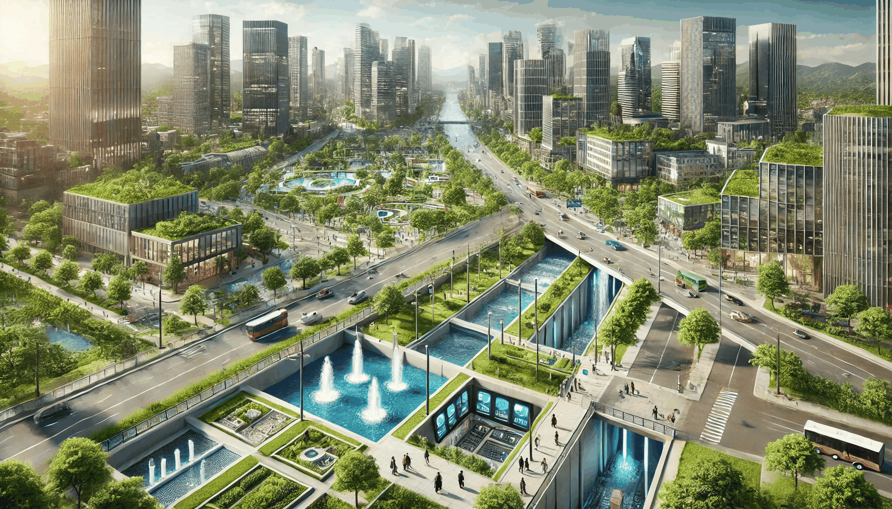 지속가능한 도시 계획과 스마트 배수 시스템이 조화를 이루는 친환경적인 현대 도시 풍경