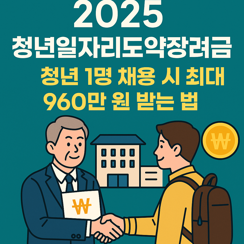 청년을 채용한 중소기업 대표가 정부로부터 지원금을 수령하는 장면. ‘최대 960만 원’ 강조된 인포그래픽 스타일 썸네일