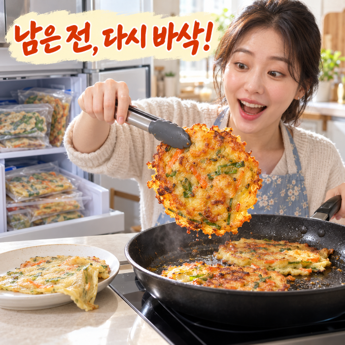 냉동실에 보관한 남은 전을 프라이팬에서 바삭하게 데우는 모습