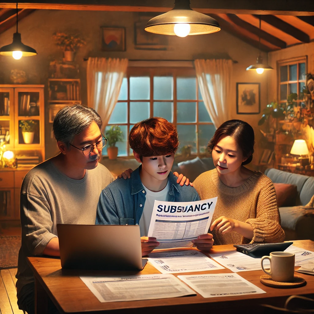 저녁 집 안에서 가족이 함께 직불금 서류를 확인하는 모습