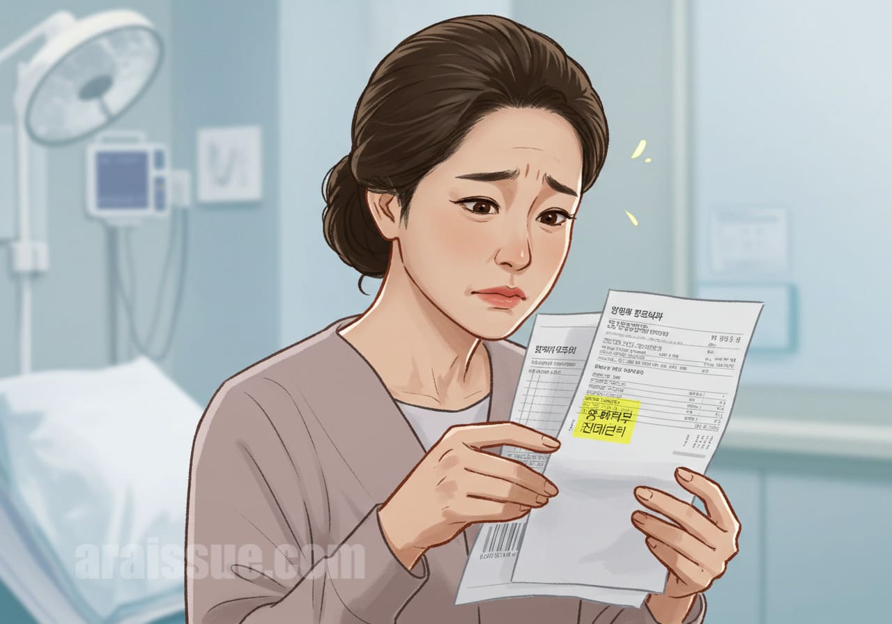 중년 여성 환자가 수술비 청구서를 들여다보며 고민하는 모습을 일러스트로 표현. 병원 배경과 함께 수술비 항목이 강조된 장면입니다.