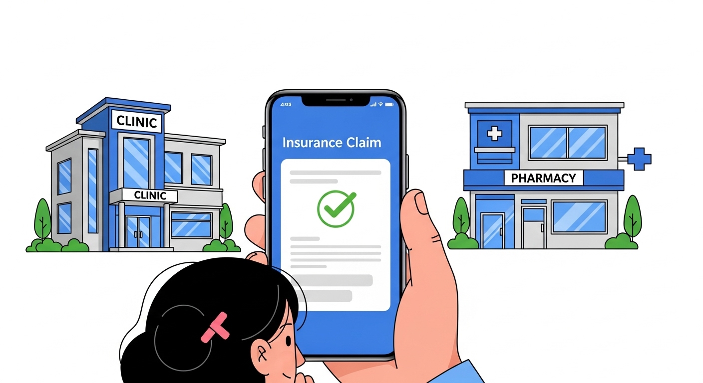 스마트폰으로 간편하게 실손보험 청구하는 사람과 배경의 의원&amp;#44; 약국 건물