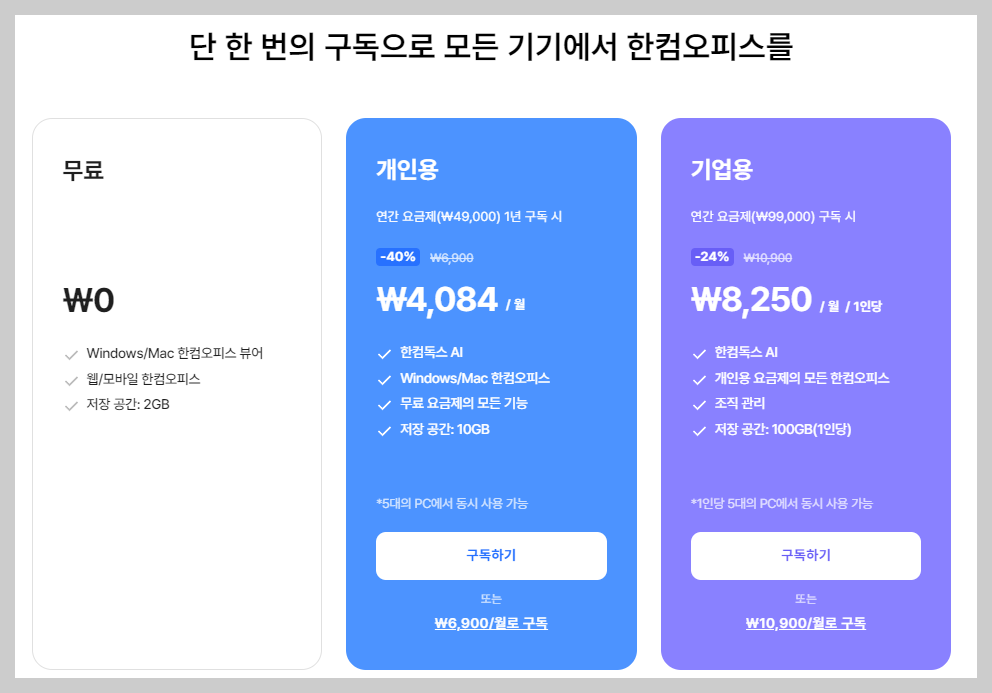 한컴독스 요금제