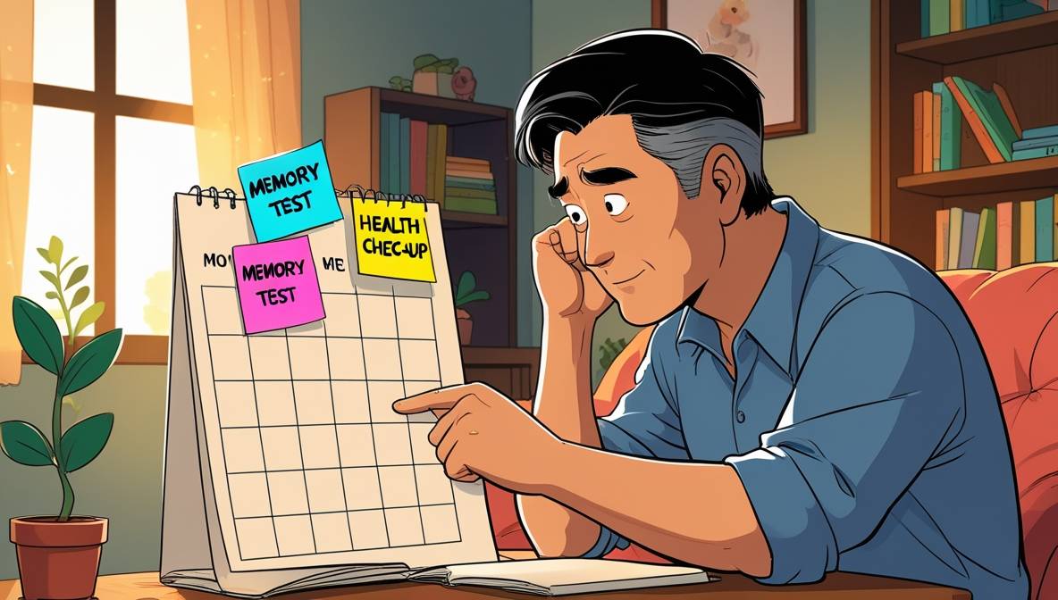 50대 아시아계 남성이 아늑한 거실에서 ‘기억력 검사’, ‘건강 검진’, ‘운동’ 이 적힌 컬러 포스트잇이 붙은 달력을 바라보며 생각에 잠긴 카툰 스타일 일러스트.