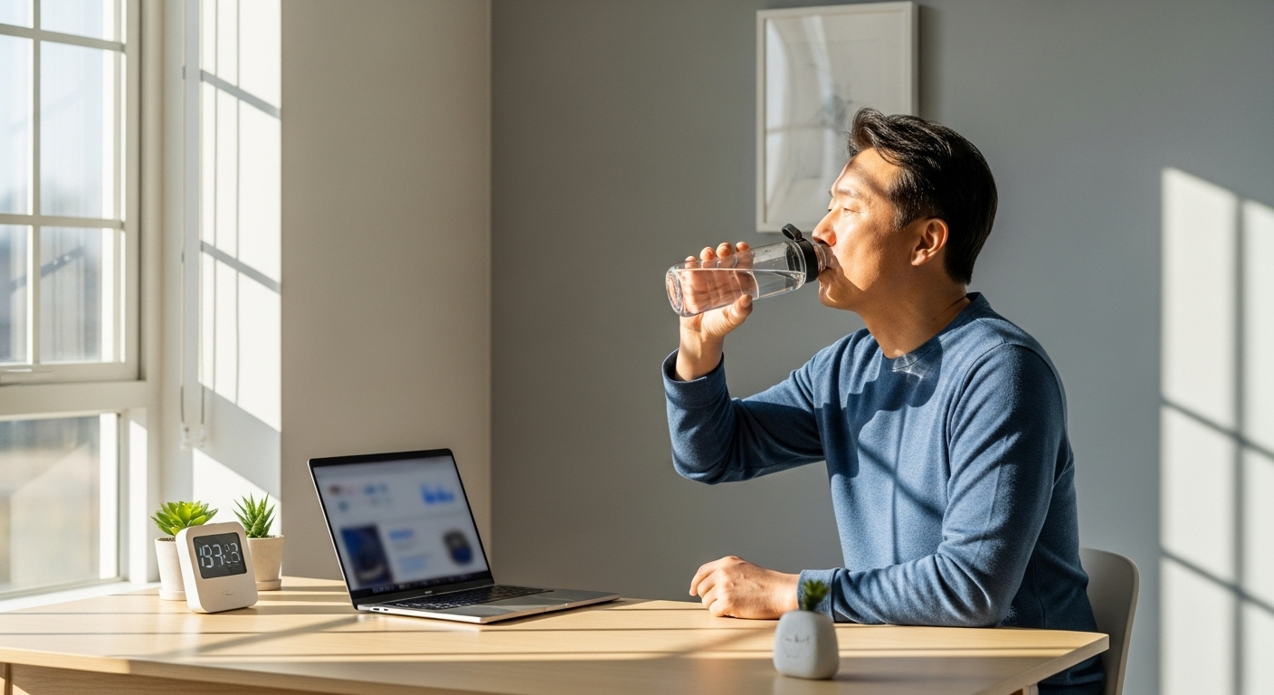아침 햇살 속 책상에서 물 마시는 50대 한국인 남성