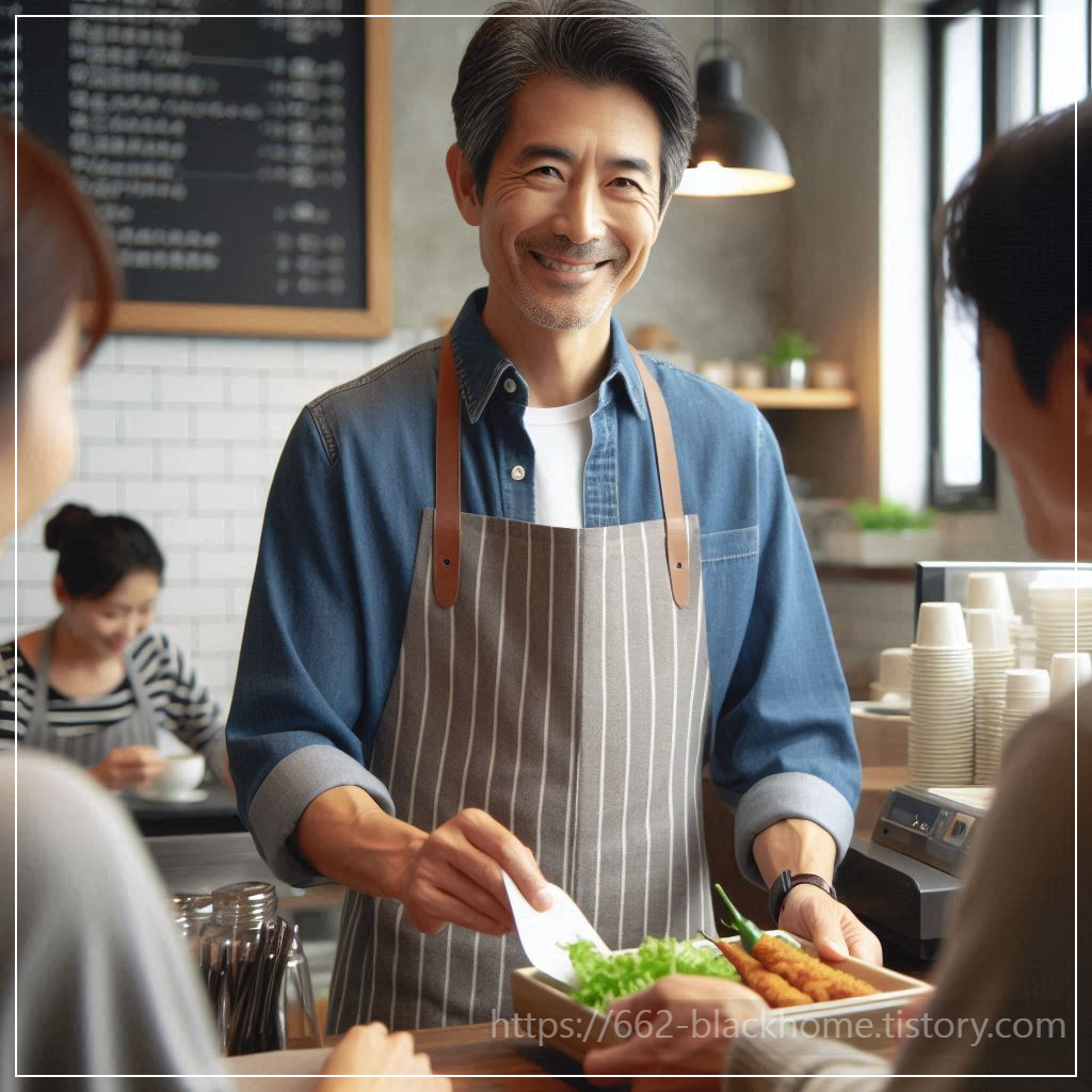 식당에서 일하는 중년 남자와 가게 안 손님들
