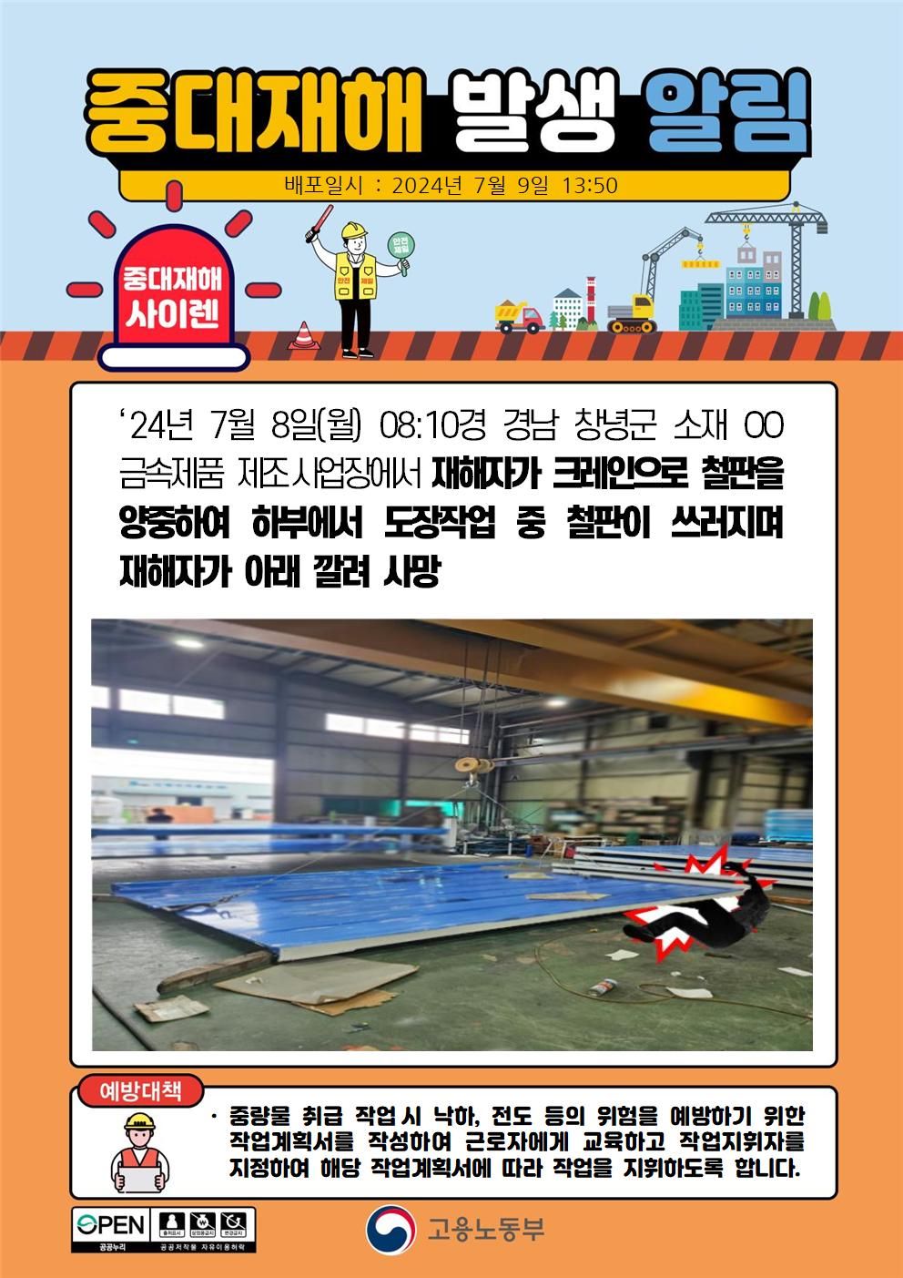 철판을 양중하여 하부에서 도장 작업 중 깔림