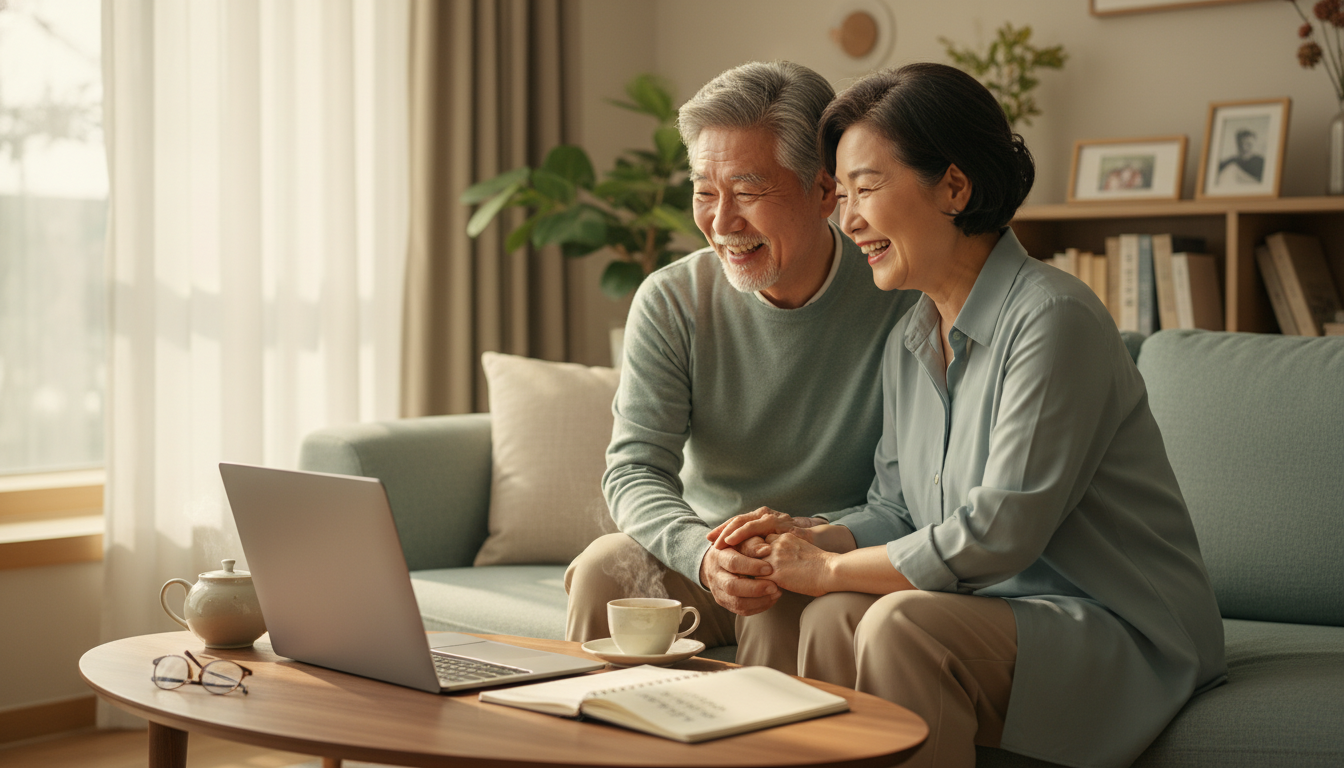 따뜻한 햇살이 비치는 거실에 앉아 있는 60대 한국인 액티브 시니어 부부. 노트북 화면(45도 후면 각도, 화면 내용 안 보임)을 함께 바라보며 안도와 행복의 미소를 짓고 있음. 테이블 위에는 '은퇴 계획'이라고 적힌 노트와 찻잔. 경제적 안정과 평화로운 분위기.