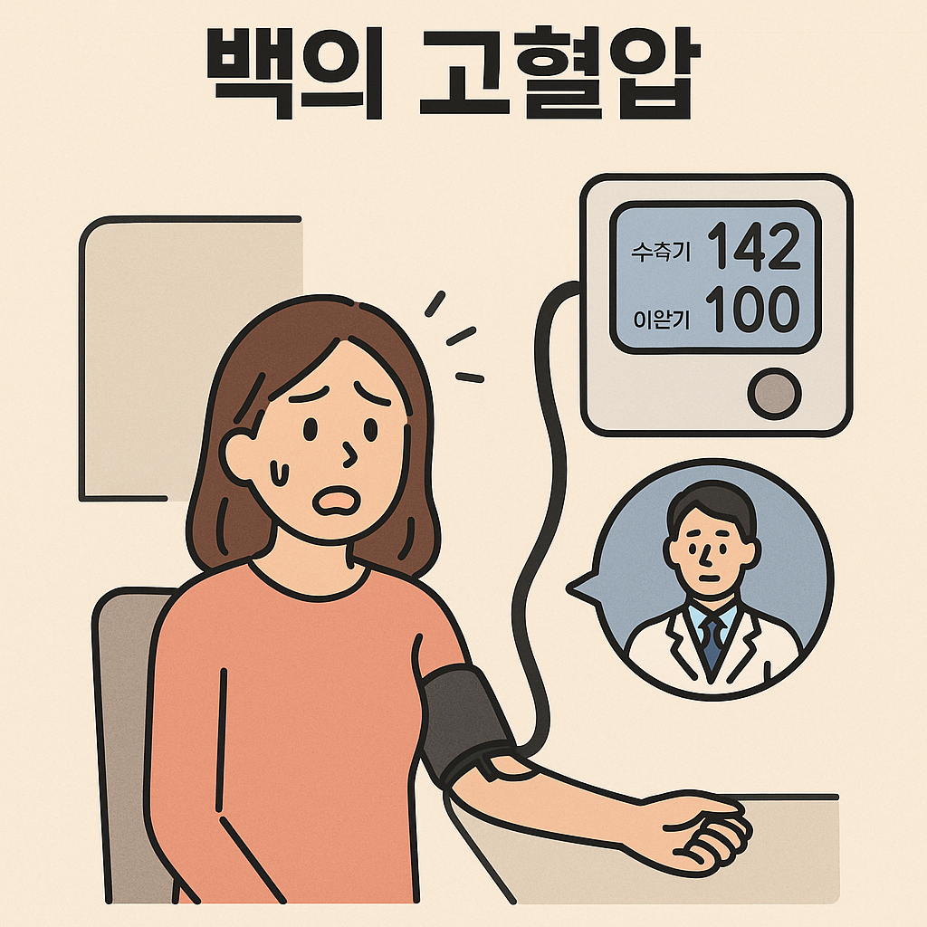 의사의 백의를 보면 긴장하여 고혈압 증상이 나타나는 '백의 고혈압'을 표현한 일러스트