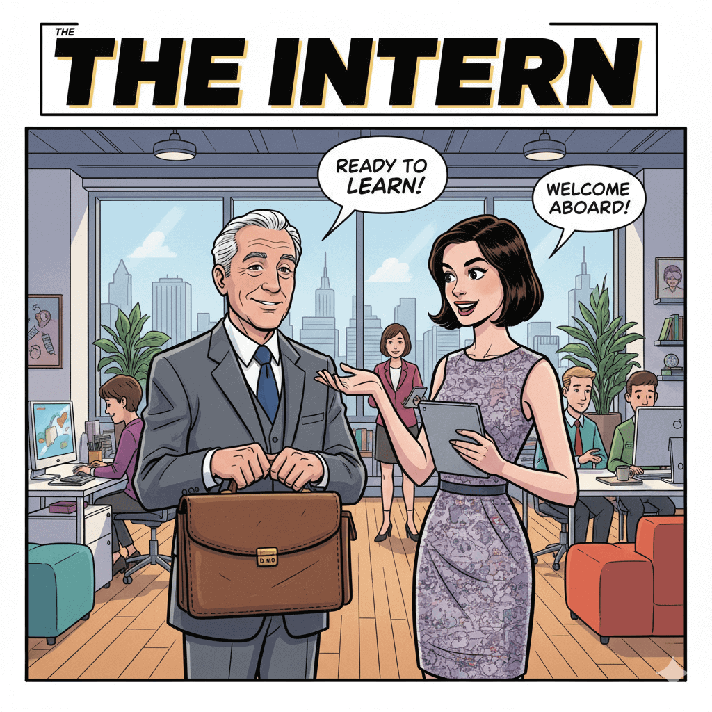 영화 인턴 만화 이미지, 노년의 남자와 젊은 SEO, 사무실