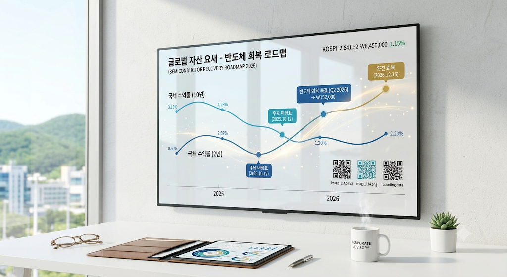세련된 모던 오피스 데스크 위에 놓인 태블릿 PC 화면에 선명하게 찍힌 버핏식 3,390억 달러 단기채 현금 방어막과 구글·반도체 4분기 턴어라운드 스왑 지도