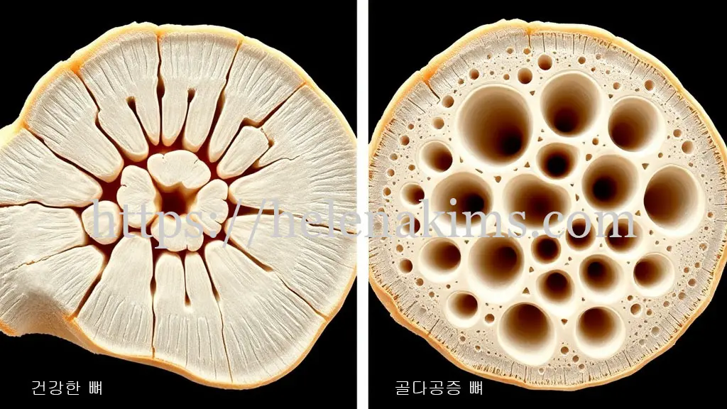 오는쪽에는 건강한 뼈, 왼쪽은 골다공증 뼈 비교 이미지.