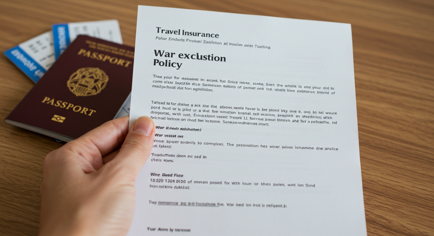 전쟁 예외조항이 표시된 여행자 보험 약관을 확인하는 손