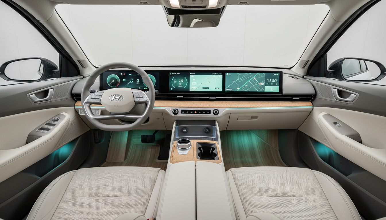 2026년형 현대 아이오닉V의 미래지향적이고 고급스러운 실내 디자인, 디지털 계기판과 친환경 소재가 돋보임.