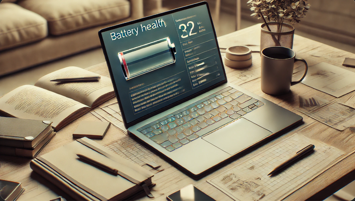 홈 오피스 내부, 데스크 위에 노트북과 노트, 커피잔이 있는 모습