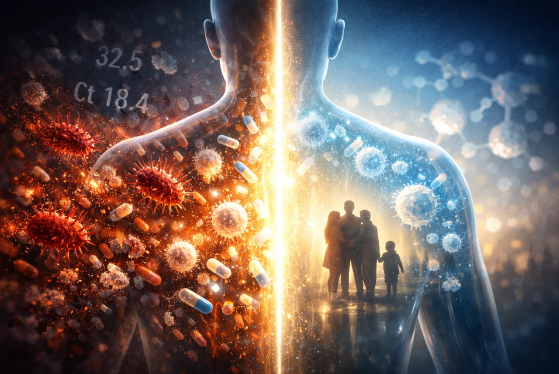 인체를 반으로 나누어 감염 상태와 회복 상태를 대비시키고 항생제 치료 후 가족을 보호하는 모습을 과장되게 표현한 백일해 전염 차단 상징 이미지